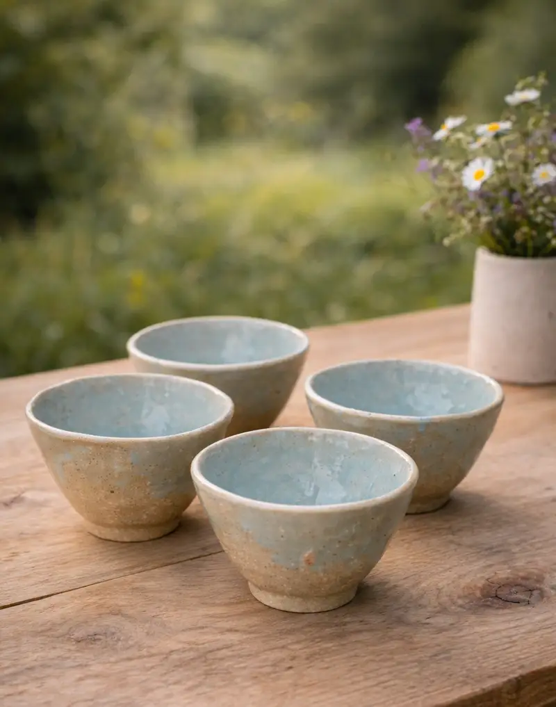 Set de cuencos artesanales de cerámica gres sobre mesa de madera — Moretto Cerámica