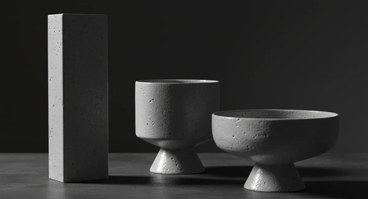 Piezas de cerámica gres sobre superficie oscura, materia fuego y permanencia — Moretto Cerámica