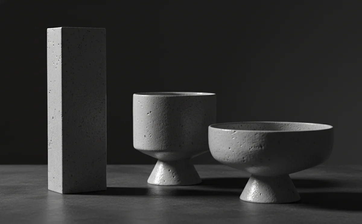 Piezas de cerámica gres sobre superficie oscura, materia fuego y permanencia — Moretto Cerámica