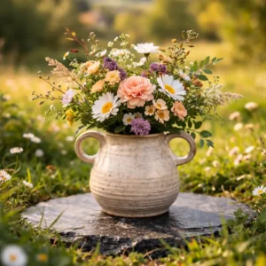 Florero vintage de cerámica gres con flores, hecho a mano sur de Chile — Moretto Cerámica